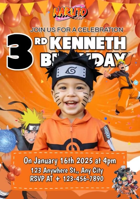Orange Maximalist Naruto Birthday Invitation  A4 template