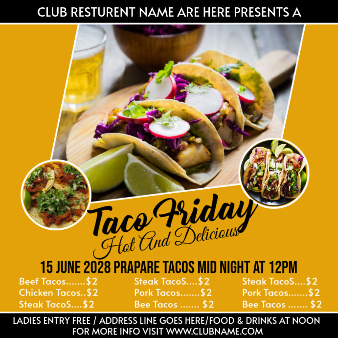 Orange Maximalist  Street Tacos - Steak Taco - Mexican Food Instagram Post template