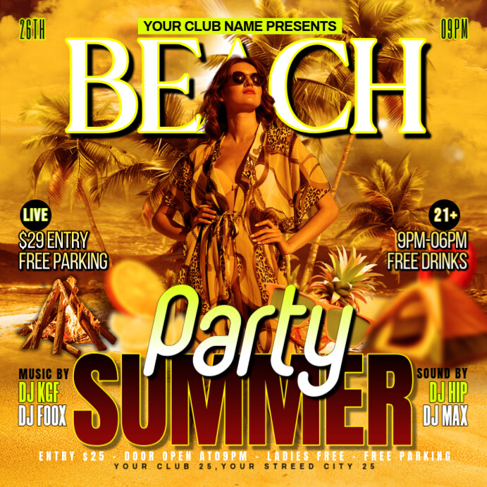 Orange Maximalist Summer Beach Party Flyer Square (1:1) template