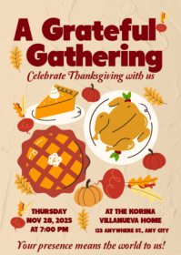 Orange Modern & Minimal Beige Brown Bold Illustrative Thanksgiving Invitation A6 template