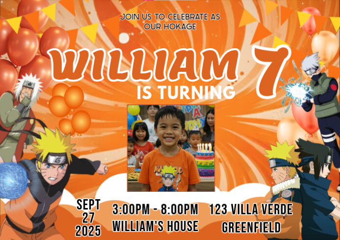 Orange Modern & Minimal Naruto Inpired Theme Birthday Invitation A5 template