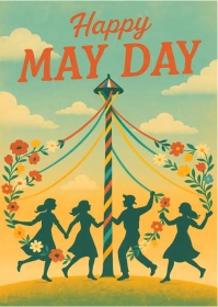 Orange Pastel May Day Vintage Floral Maypole Festival A6 template