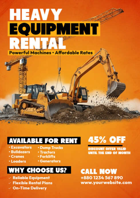 Orange Professional Heavy Equipment Rental A4 Template | PosterMyWall
