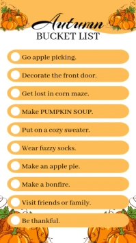 Orange Pumpkin Autumn Bucket List Template Digital Display (9:16)