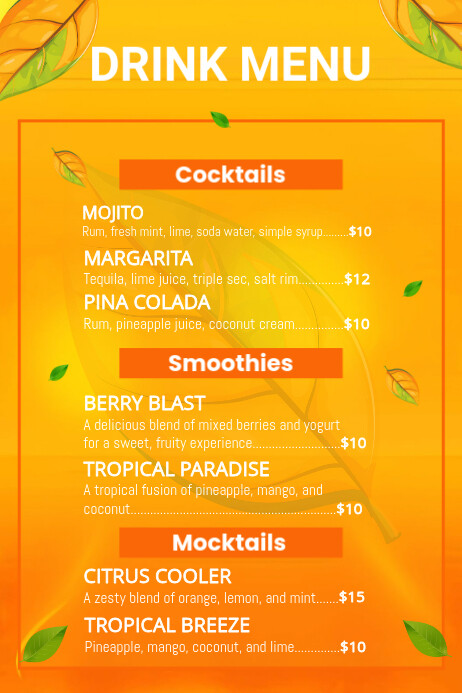Orange Restaurant Drink Menu Poster Cartaz template