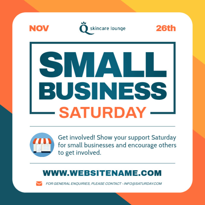 Orange and teal Small Business Saturday promotional layout with storefront icon and event message