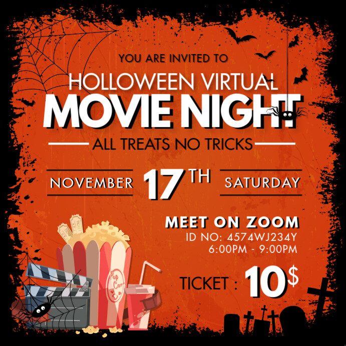 Orange Spooky Halloween Online Movie Night In Publicação no Instagram template
