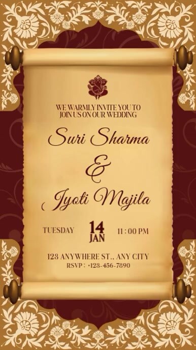 Orange Vintage Traditional Elegant Indian Wedding Invitation Mobile Video Tampilan Digital (9:16) template