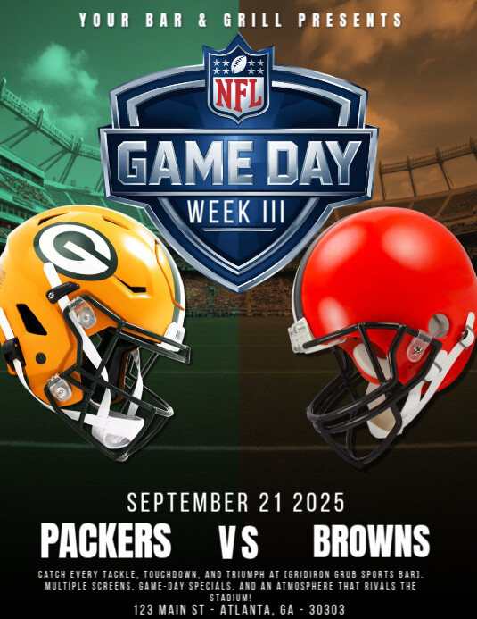 Copy of PACKERS VS BROWNS. nfl game day flyer. american football