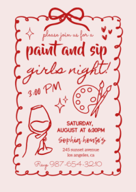 Paint and Sip Invitation, girls night invitation A6 template