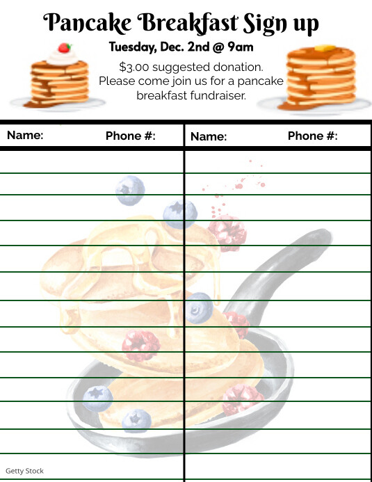 Pancake breakfast sign up sheet poster flyer Folheto (US Letter) template