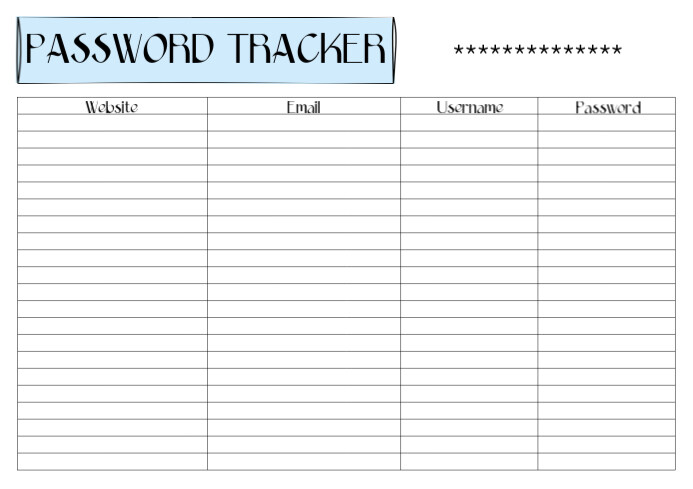 Password Tracker Printable Template  - Free Download A4
