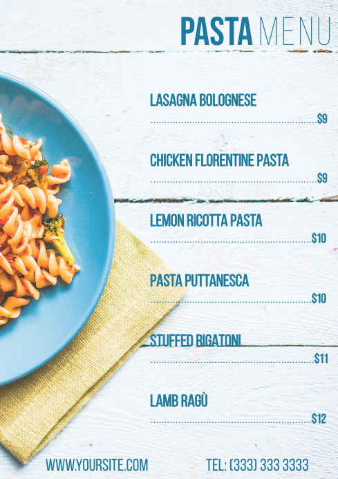 Pasta menu table a4 blue Template | PosterMyWall