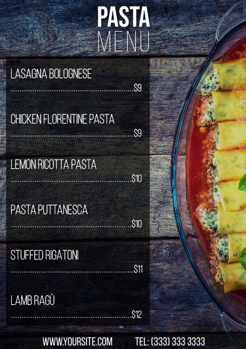 Pasta menu table a4 card Template | PosterMyWall