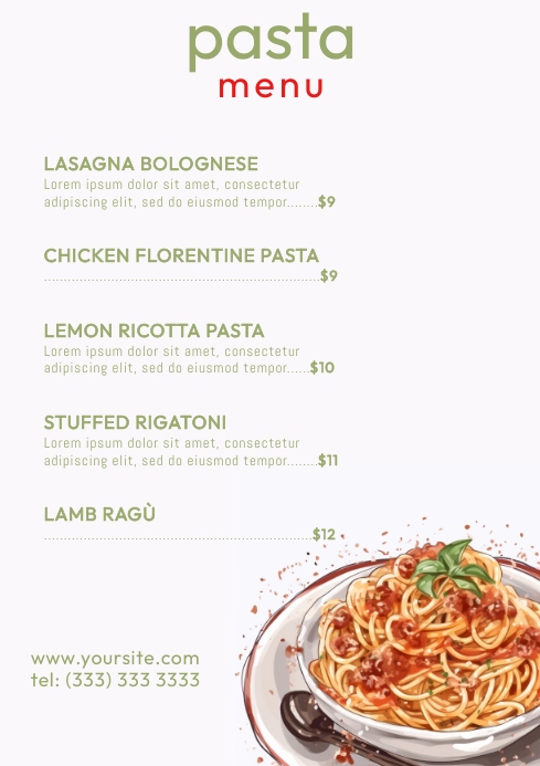 Шаблон Pasta menu table a4 printable illustration | PosterMyWall