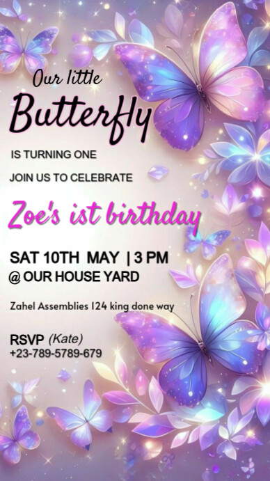 Pastal butterfly themed birthday party invite Instagram Story template