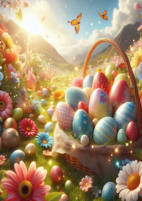Pastel Colorful Easter Egg Hunt In Sunny Spring Meadow With Floral Background A4 template