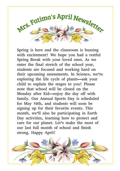 April Newsletter Example Elementary Pastel Elementary Classroom April Newsletter A4 Template | PosterMyWall