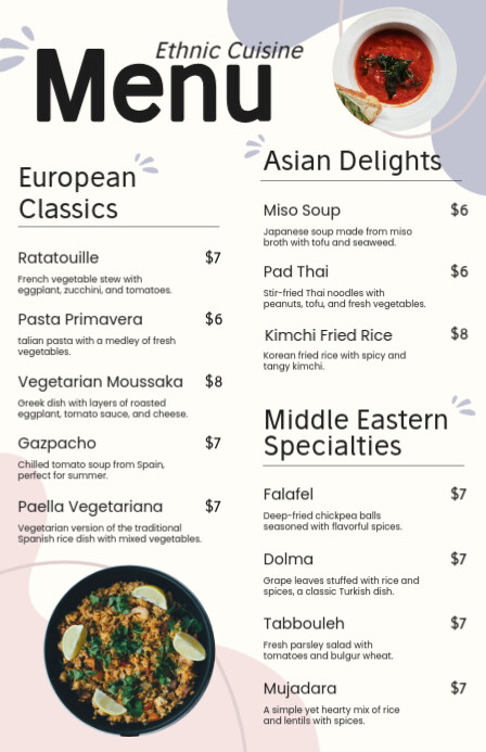 Ethnic Menu. Example Pastel Ethnic Cuisine Menu List Template (Half Page Wide) | PosterMyWall