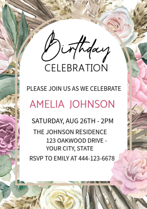 Pastel Floral Boho Pampas Grass Birthday Invitation Template A4