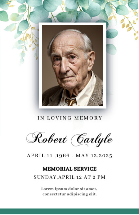 Pastel Green Leaf Design Funeral  Half Page Wide Meia página larga template