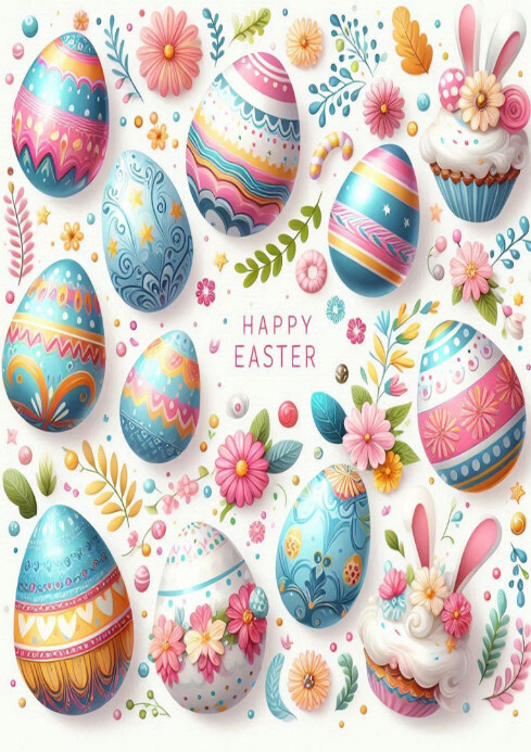 Pastel Happy Easter House – Colorful Eggs And Festive Wishes A4 template