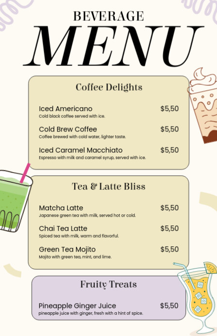 Pastel Illustrative Modern Beverage Menu List Template (Half Page Wide) Halfbladsy Breed