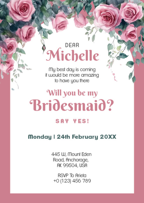 Pastel Pink Roses Bridesmaid Proposal Invitation Template | PosterMyWall
