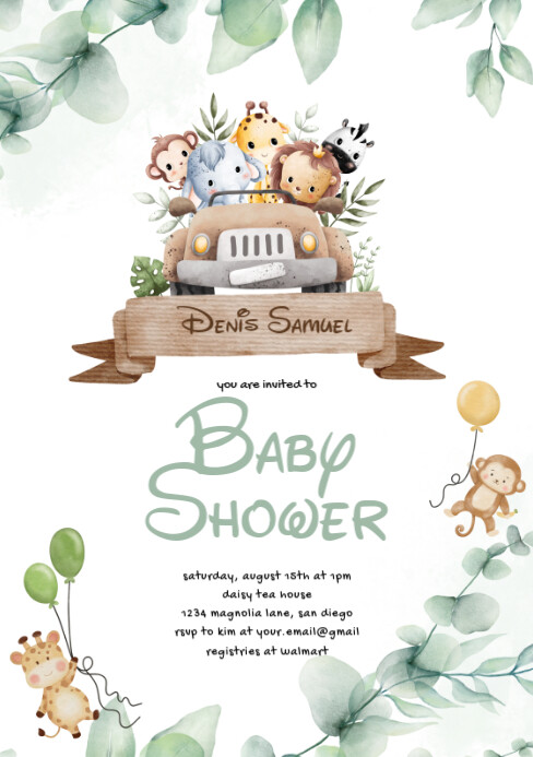 Pastel Safari Baby Shower Invitation   A5 template