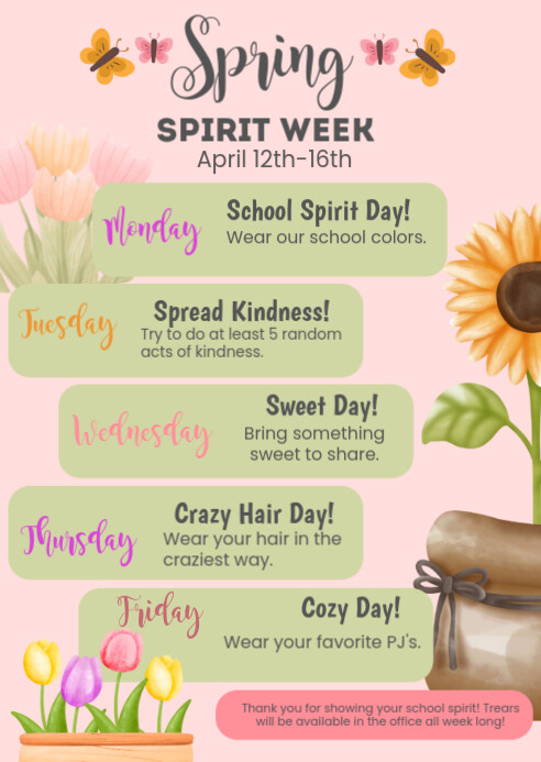 Pastel Spring Spirit Week A6 Template | PosterMyWall