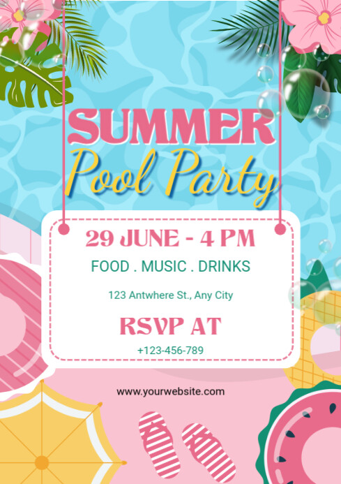 Pastel Summer Pool Part Advertising A4 Flyer Template | PosterMyWall