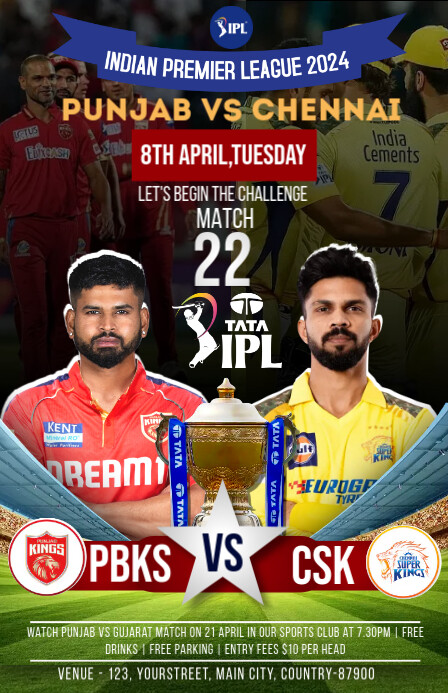 Pbks Vs Csk Ipl Cricket Match Poster Template | PosterMyWall