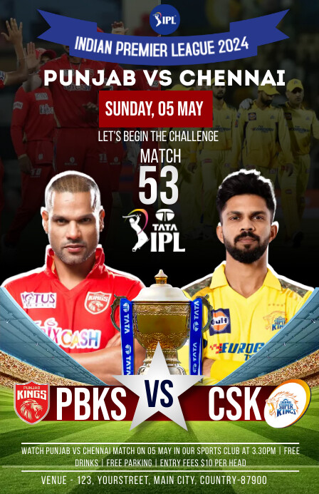 Pbks vs csk pl match Poster Template | PosterMyWall