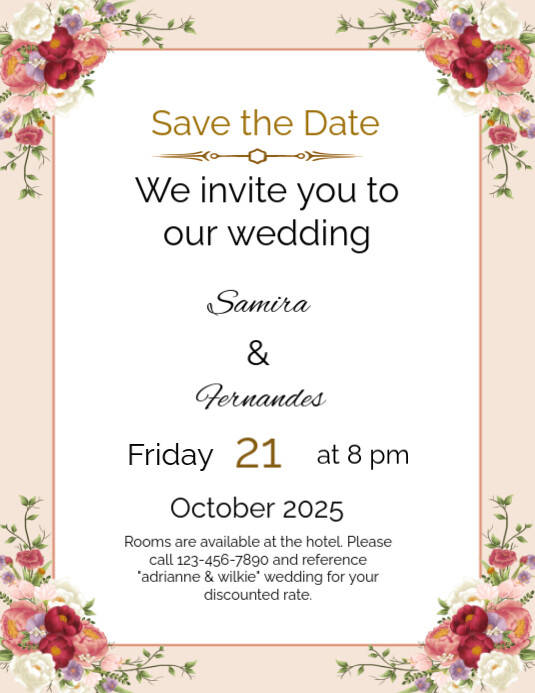 Peach and White Vintage Flower Page Border wedding Document Flyer (US Letter) template
