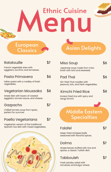 Peach Flat Design Playful Ethnic Cuisine Menu (Half Page Wide) Halfbladsy Breed template