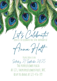 Peacock feather birthday invitation A5 template