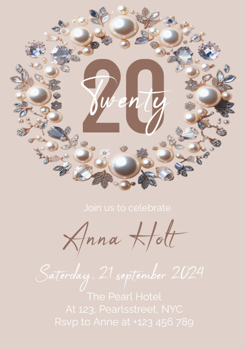 Pearl and diamond birthday invitation A5 template