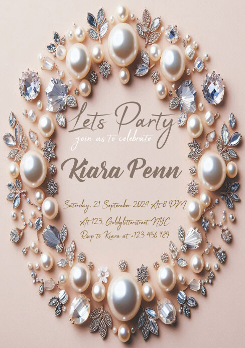 Pearl diamond circle birthday invitation A5 template