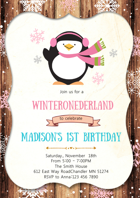 Penguin birthday party invitation A6 template