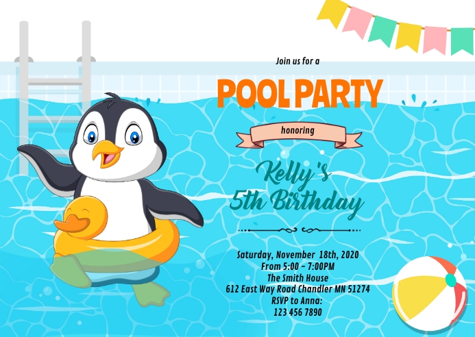 Penguin pool birthday party invitation A6 template