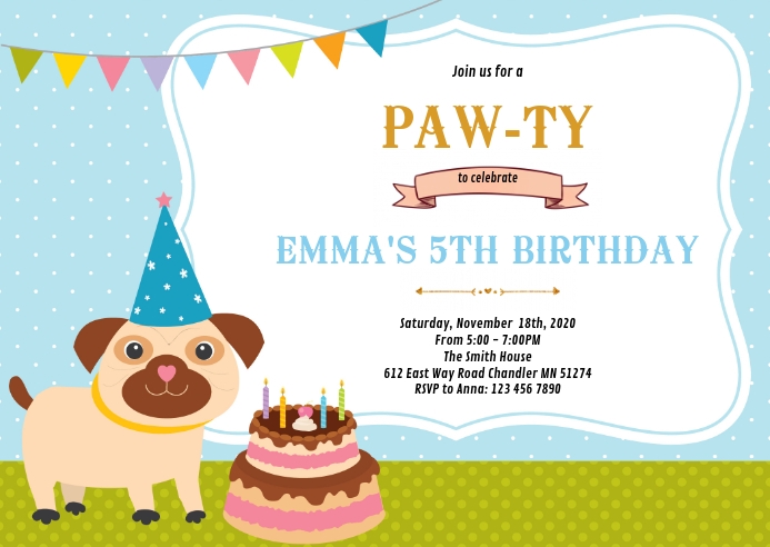 Pet dog birthday party invitation A6 template