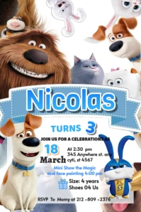 Pets invitation Brithday party temple boy celebration kids Plakat template