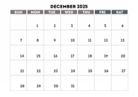 December calendar 2025 A4 template