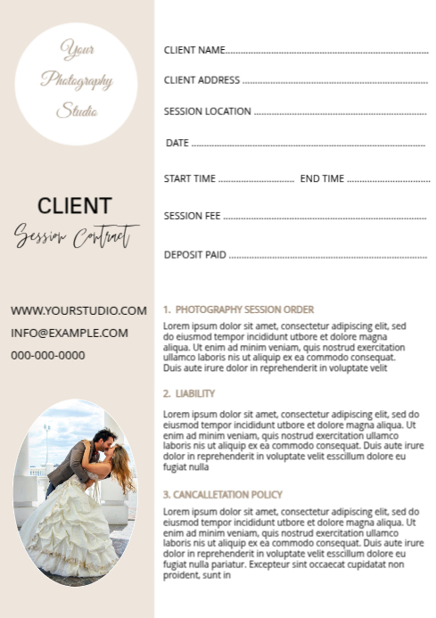 Photographer Session contract form A4 template