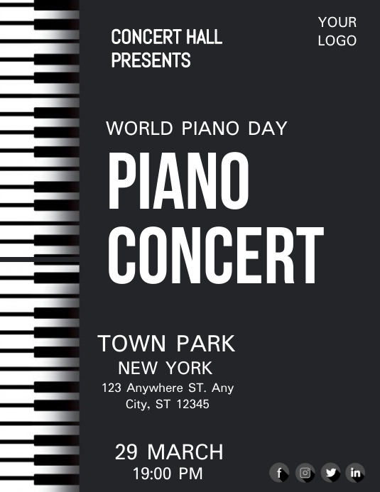 Piano day, world piano day, piano concert. Flyer (US Letter) template