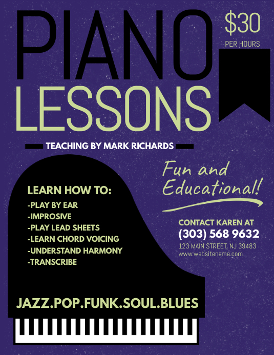 Piano Lessons Flyer Løbeseddel (US Letter) template