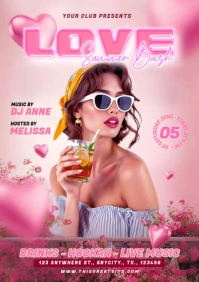 Pink 3d Love Summer Bash Party A4 template