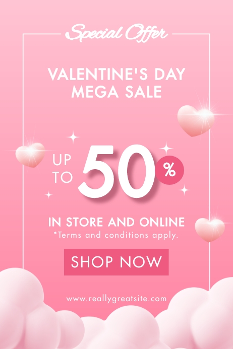 Pink 3D Minimalist Valentine's Day Sale Promo Cartaz template