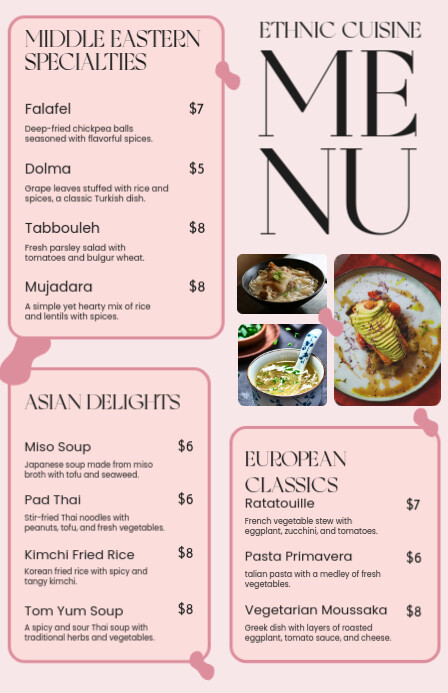 Ethnic Menu. Example Pink Aesthetic Ethnic Cuisine Menu List Template (Half Page Wide ...