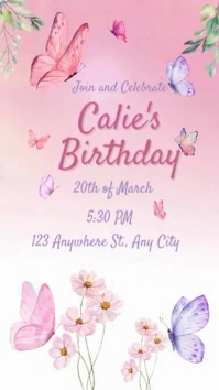 Pink and Purple Butterfly Birthday Invitation Ekran reklamowy (9:16) template